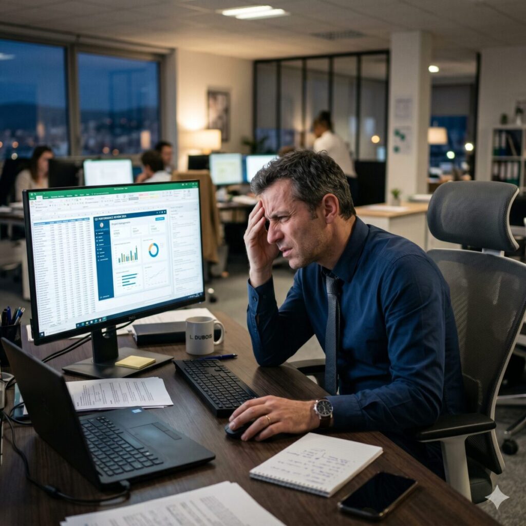 Une illustration représentant la fatigue visuelle numérique avec des silhouettes d'individus face à des écrans.