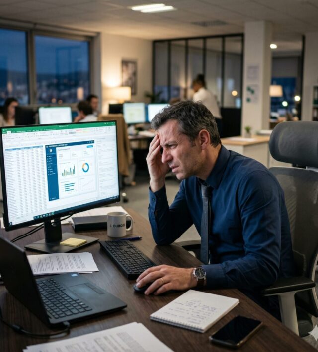Une illustration représentant la fatigue visuelle numérique avec des silhouettes d'individus face à des écrans.